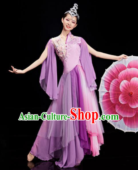 Chinese National Classical Dance Purple Costume Traditional Umbrella Dance Dress for Women