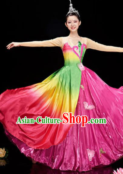 Chinese National Classical Dance Lotus Dance Rosy Costume Traditional Umbrella Dance Dress for Women