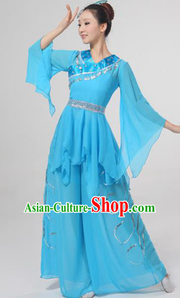 Chinese National Folk Dance Costume Traditional Yangko Dance Fan Dance Blue Clothing for Women