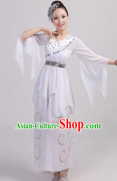 Chinese National Folk Dance Costume Traditional Yangko Dance Fan Dance White Clothing for Women