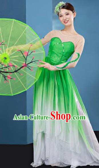 Chinese National Classical Dance Lotus Dance Green Dress Traditional Umbrella Dance Costume for Women