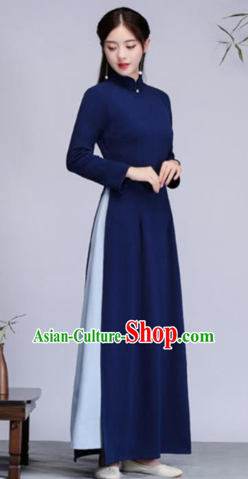 Asian Vietnam Traditional Navy Cheongsam Vietnamese Classical Aodai Qipao Dress for Women