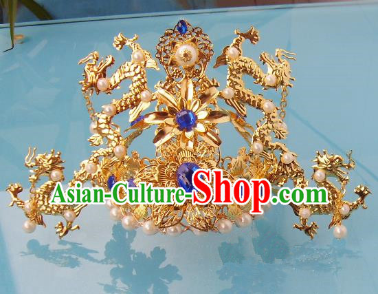 Chinese Traditional Goddess Hair Accessories Ancient Blue Crystal Phoenix Coronet for Women