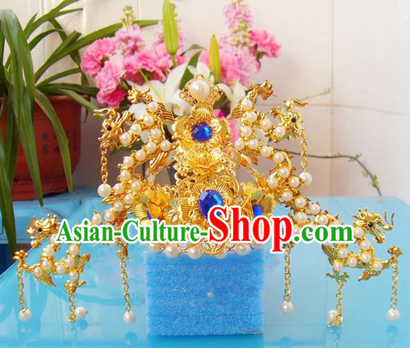 Chinese Traditional Goddess Hair Accessories Ancient Golden Dragons Tassel Phoenix Coronet for Women