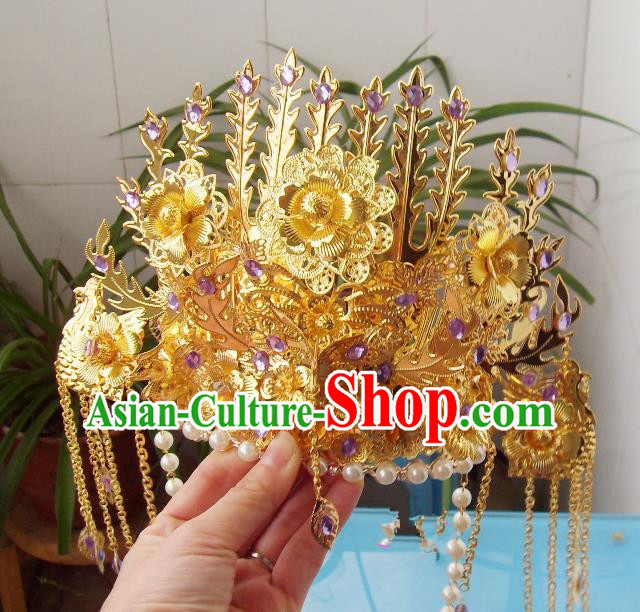 Chinese Traditional Goddess Hair Accessories Ancient Purple Crystal Phoenix Coronet for Women