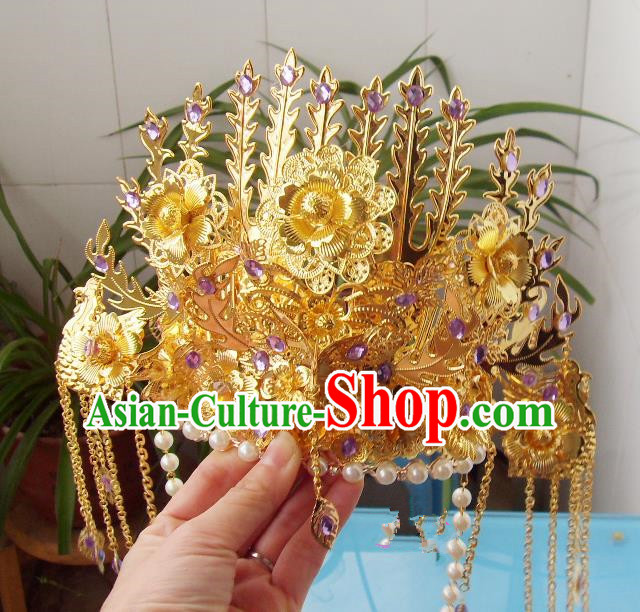 Chinese Traditional Goddess Hair Accessories Ancient Purple Crystal Phoenix Coronet for Women