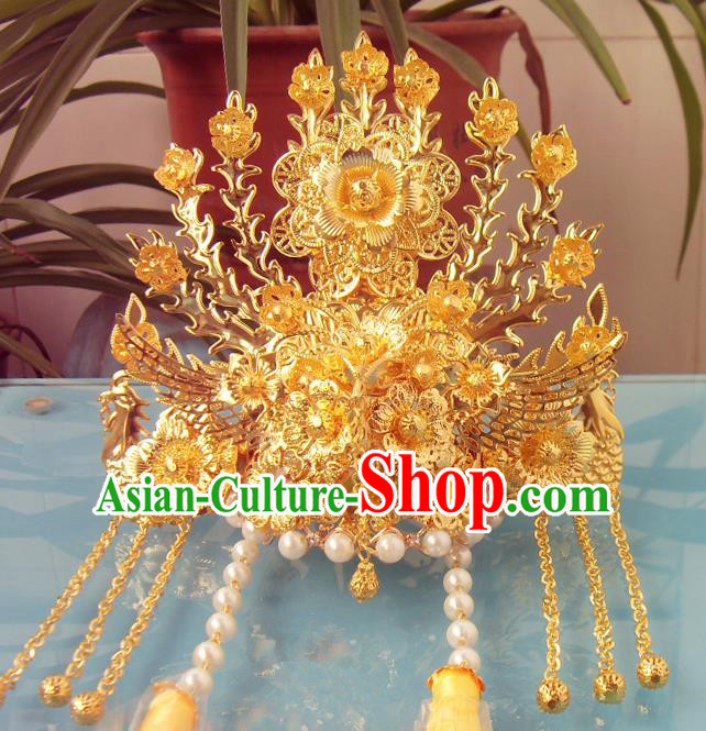 Chinese Traditional Goddess Golden Phoenix Coronet Hairpins Ancient Princess Hair Accessories for Women