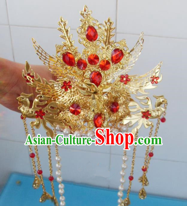 Chinese Traditional Goddess Red Crystal Phoenix Coronet Hairpins Ancient Princess Hair Accessories for Women