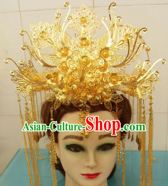 Chinese Traditional Goddess Hairpins Golden Phoenix Coronet Ancient Bride Hair Accessories for Women