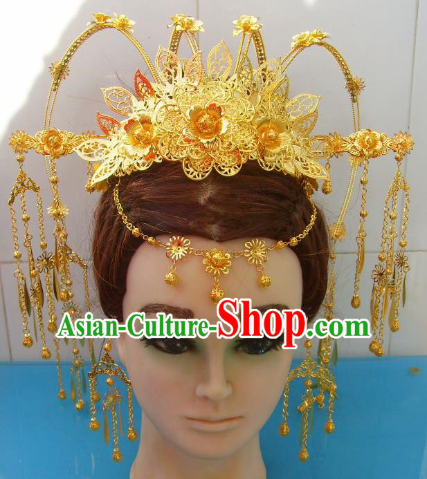 Chinese Traditional Goddess Hairpins Golden Peony Phoenix Coronet Ancient Bride Hair Accessories for Women