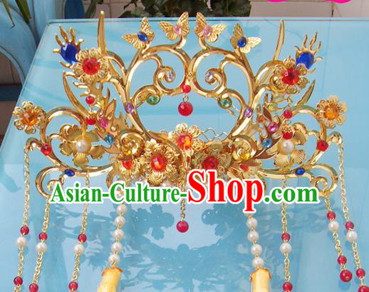 Chinese Traditional Goddess Hair Accessories Ancient Golden Butterfly Phoenix Coronet for Women