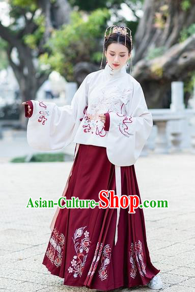 Chinese Traditional Wine Red Hanfu Dress Ancient Ming Dynasty Palace Princess Embroidered Costume for Women