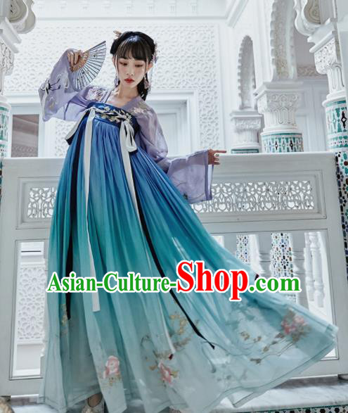 Chinese Traditional Tang Dynasty Court Princess Blue Hanfu Dress Ancient Peri Embroidered Costume for Women