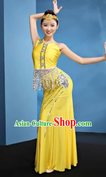 Chinese Traditional Ethnic Folk Dance Yellow Dress Dai Nationality Peacock Dance Costume for Women