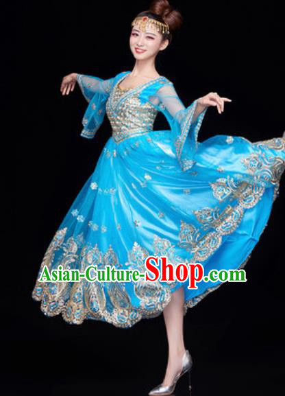 Chinese Traditional Ethnic Folk Dance Blue Dress Uyghur Nationality Dance Costume for Women