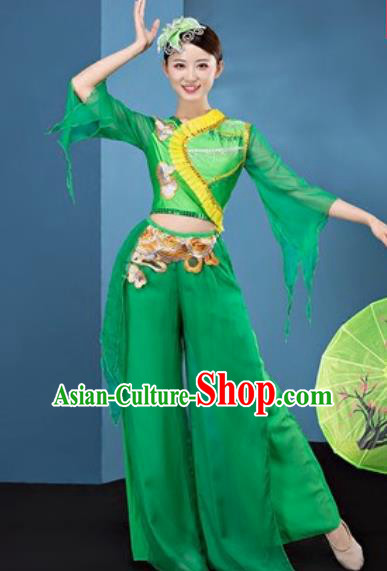 Chinese National Folk Dance Green Costume Traditional Yangko Dance Fan Dance Clothing for Women