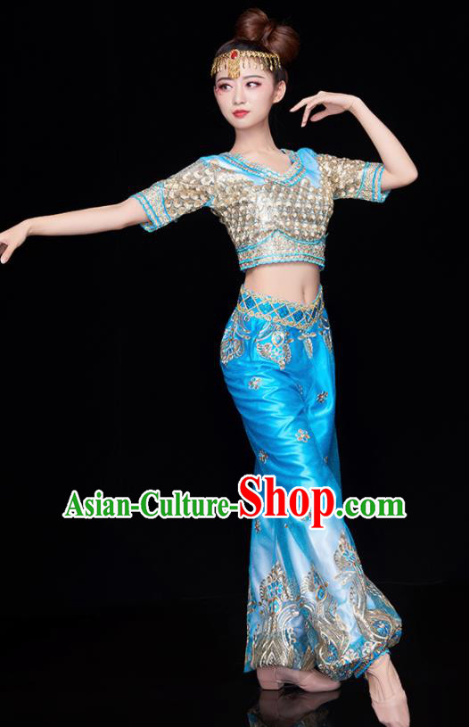 Chinese National Folk Dance Indian Dance Blue Costume Traditional Yangko Dance Fan Dance Clothing for Women