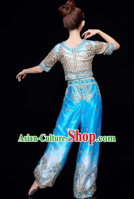 Chinese National Folk Dance Indian Dance Blue Costume Traditional Yangko Dance Fan Dance Clothing for Women