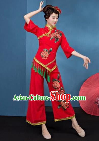 Chinese National Fan Dance Folk Dance Printing Peony Red Costume Traditional Yangko Dance Clothing for Women