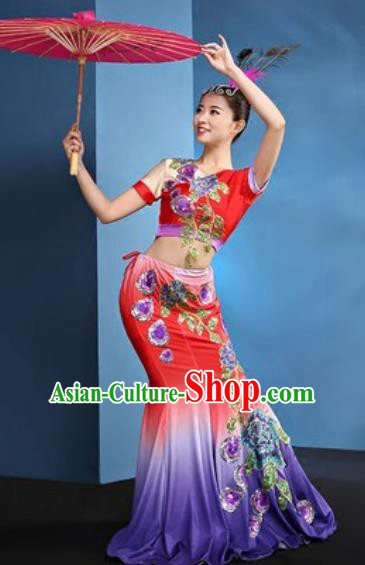 Chinese Traditional Ethnic Folk Dance Red Dress Dai Nationality Peacock Dance Costume for Women