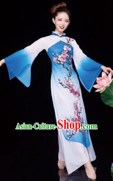 Chinese National Classical Dance Umbrella Dance Blue Dress Traditional Lotus Dance Costume for Women