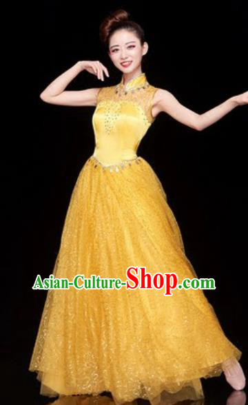 Chinese Traditional Chorus Yellow Veil Dress Opening Dance Modern Dance Costume for Women