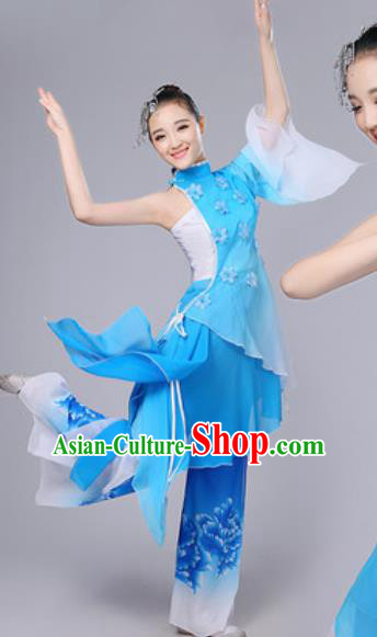 Chinese National Lotus Dance Umbrella Dance Blue Dress Traditional Classical Dance Costume for Women