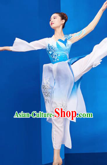 Chinese National Umbrella Dance Blue Dress Traditional Classical Dance Costume for Women