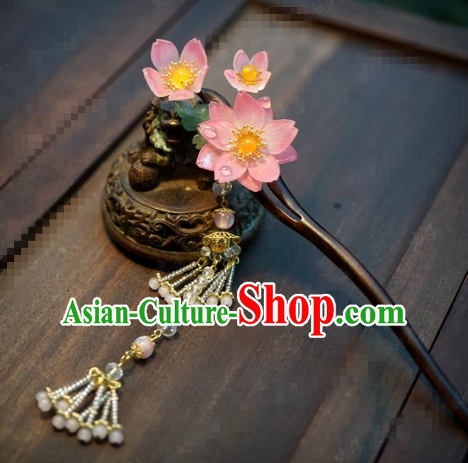 Chinese Traditional Hair Accessories Ancient Bride Lotus Wood Hairpins Handmade Tassel Step Shake Headwear for Women