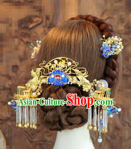 Chinese Traditional Handmade Blueing Hair Accessories Ancient Queen Luxury Hairpins Headwear Complete Set for Women