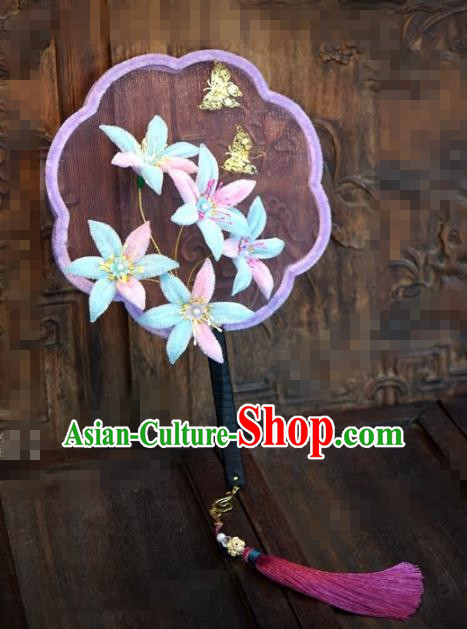 Chinese Traditional Palace Fans Ancient Queen Velvet Flowers Round Fans for Women