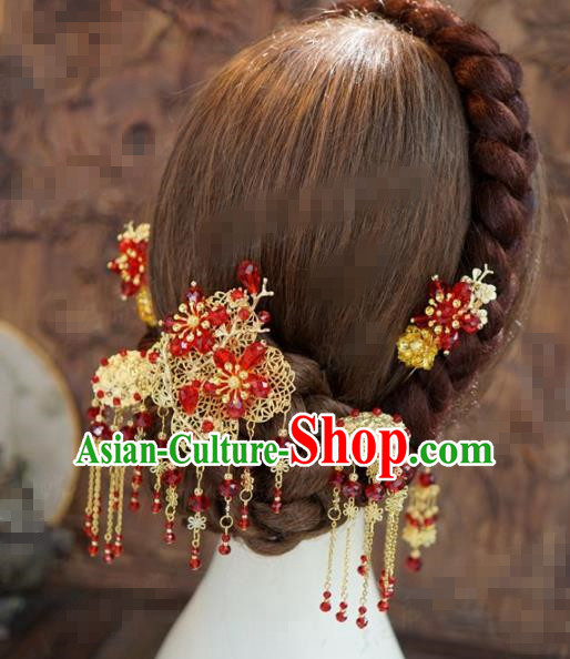 Chinese Traditional Hair Accessories Ancient Bride Red Beads Hairpins Handmade Tassel Step Shake Headwear for Women