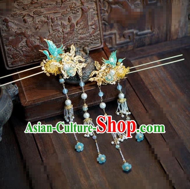 Chinese Traditional Hair Accessories Ancient Bride Crane Hairpins Handmade Tassel Step Shake Headwear for Women