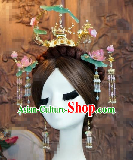 Chinese Traditional Handmade Lotus Leaf Phoenix Coronet Ancient Hairpins Hair Accessories Complete Set for Women