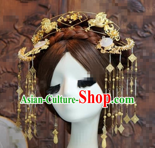 Chinese Traditional Handmade Golden Birds Phoenix Coronet Ancient Hairpins Hair Accessories Complete Set for Women