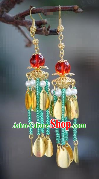 Chinese National Wedding Jewelry Accessories Handmade Traditional Green Beads Tassel Earrings for Women