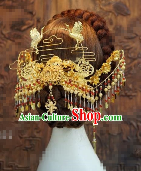 Chinese Traditional Hair Accessories Ancient Palace Golden Cranes Tassel Step Shake Bride Hairpins Headwear for Women