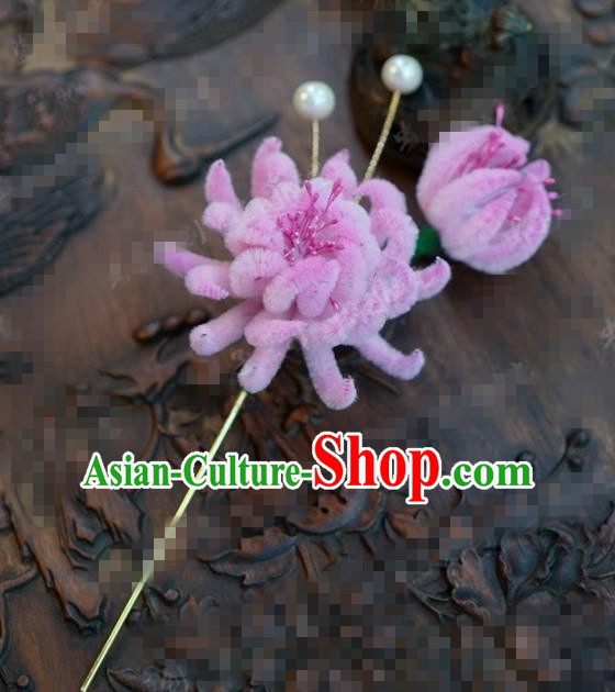 Chinese Traditional Hair Accessories Ancient Palace Pink Velvet Chrysanthemum Hairpins Headwear for Women