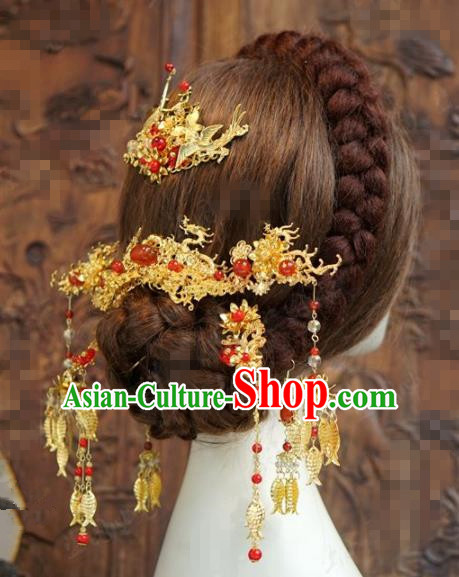 Chinese Traditional Hair Accessories Ancient Bride Dragons Hairpins Headwear for Women