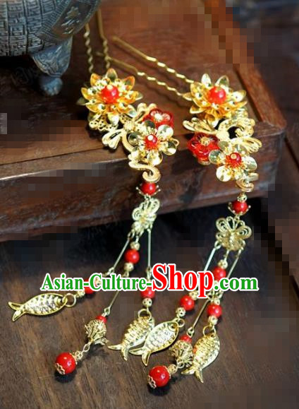 Chinese Traditional Hair Accessories Ancient Bride Golden Fishes Tassel Hairpins Headwear for Women