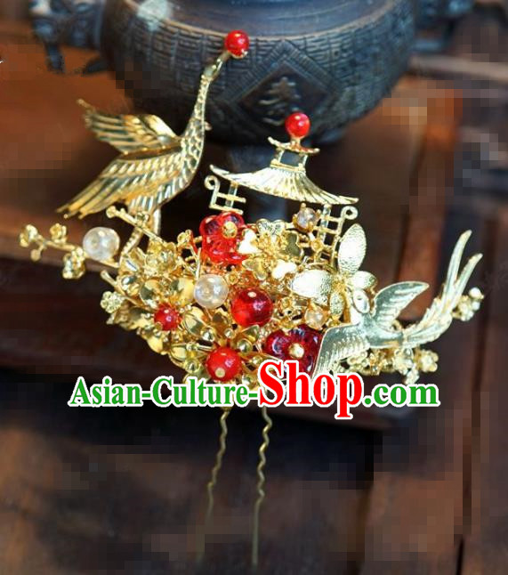 Chinese Traditional Hair Accessories Ancient Bride Golden Crane Hairpins Headwear for Women