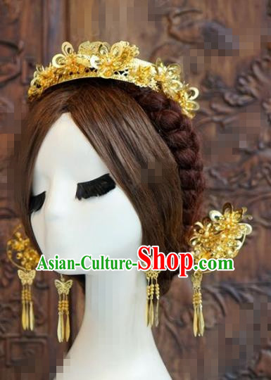 Chinese Traditional Handmade Golden Hair Crown Ancient Hairpins Hair Accessories Complete Set for Women