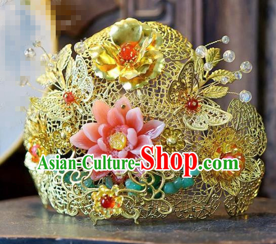 Chinese Traditional Handmade Pink Lotus Phoenix Coronet Ancient Hairpins Wedding Hair Accessories Complete Set for Women
