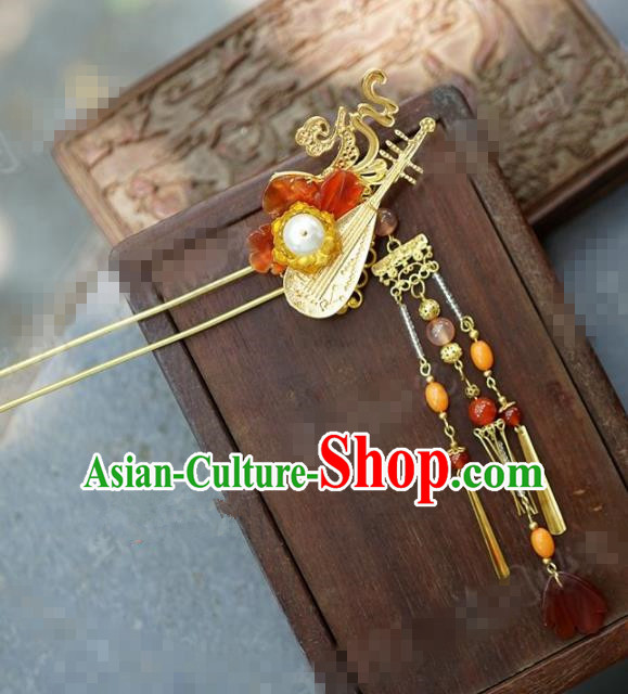 Chinese Traditional Palace Hair Accessories Ancient Golden Lute Hairpins Headwear for Women