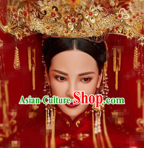 Chinese Traditional Handmade Luxury Golden Phoenix Coronet Ancient Wedding Hair Accessories Complete Set for Women