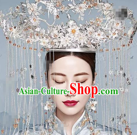 Chinese Traditional Handmade Luxury Argent Phoenix Coronet Ancient Wedding Hair Accessories Complete Set for Women
