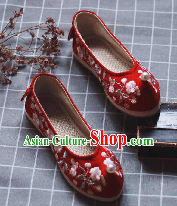 Asian Chinese Wedding Hanfu Shoes Traditional Ancient Princess Pearl Red Embroidered Shoes for Women