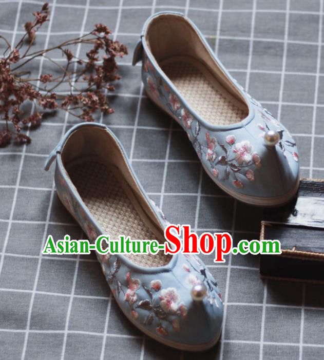 Asian Chinese Wedding Hanfu Shoes Traditional Ancient Princess Pearl Blue Embroidered Shoes for Women