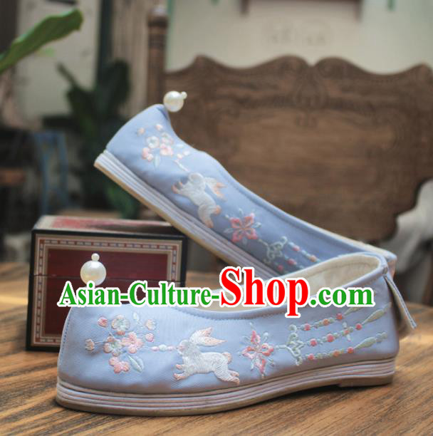 Asian Chinese Wedding Hanfu Shoes Traditional Ancient Princess Blue Embroidered Shoes for Women
