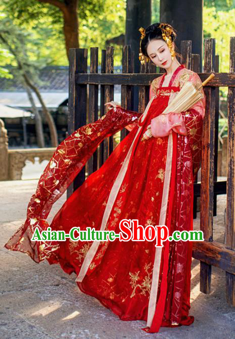 Chinese Traditional Tang Dynasty Wedding Embroidered Historical Costume Ancient Peri Princess Red Hanfu Dress for Women